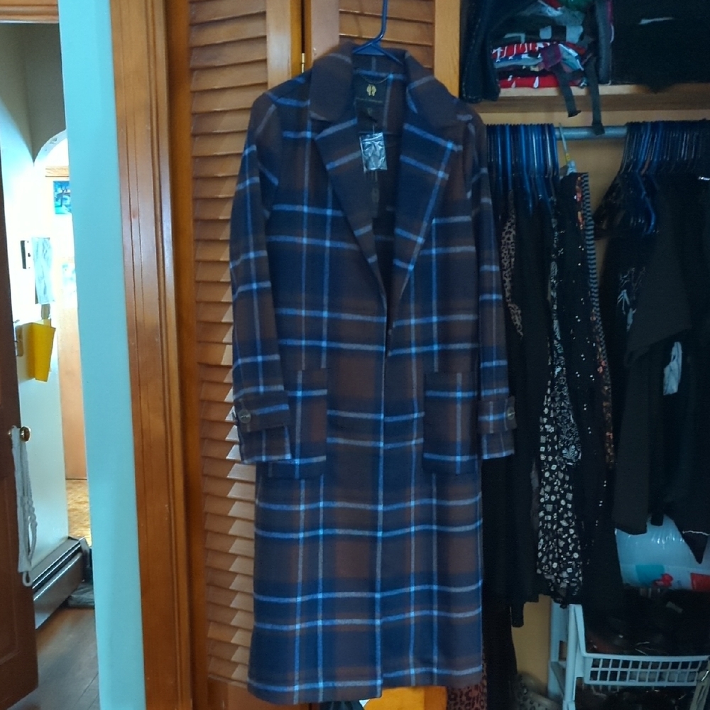 House of Harlow 1960 Blue and Brown Plaid Trench Coat
